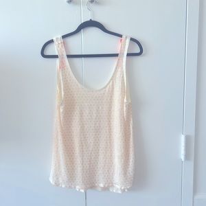 Tag on casual flowy sheer tank top - cream with neon orange polka dots
